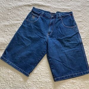 Vintage FUBU Denim Shorts Mens Hip Hop Y2K Blue Jean Shorts Embroidered Logo